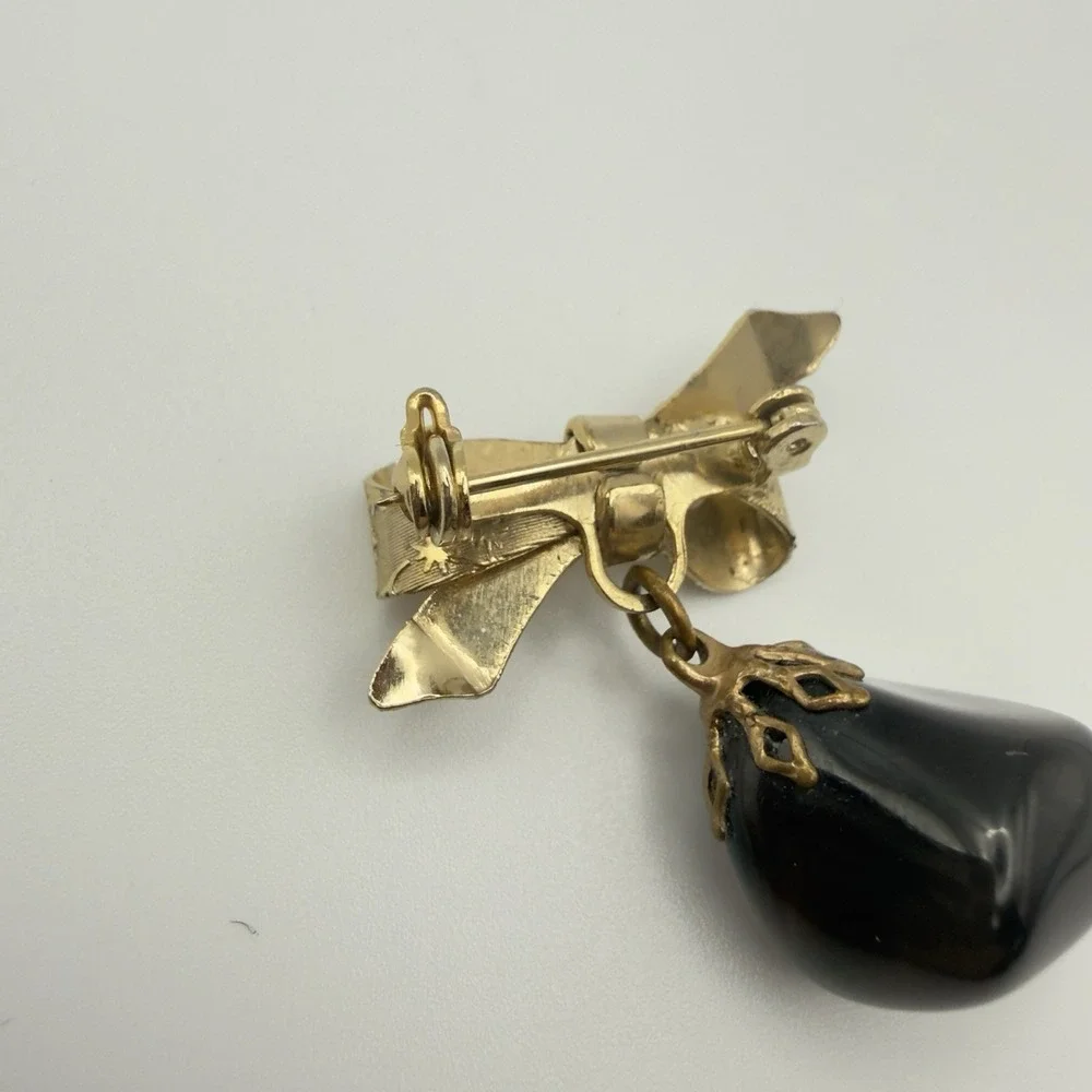 Vintage Gold Tone Bow Brooch Dangle Banded Agate Glass Drop Pin Celestial
